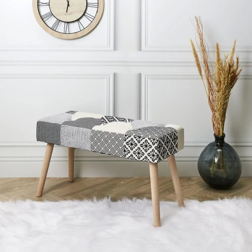 Toilinux Banquettes Banc Patchwork Sur Pieds Gris Et Beige – Image 3