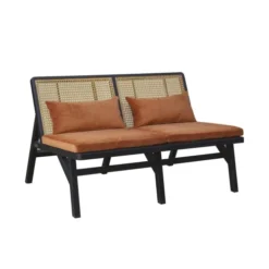 Robin Des Bois Banquettes Banquette Chêne Laqué Noir Cannage Et Velours 2 Places Caramel