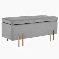 Homcom Banquettes Banquette Coffre De Rangement Velours Gris Clair Piètement Métal Doré