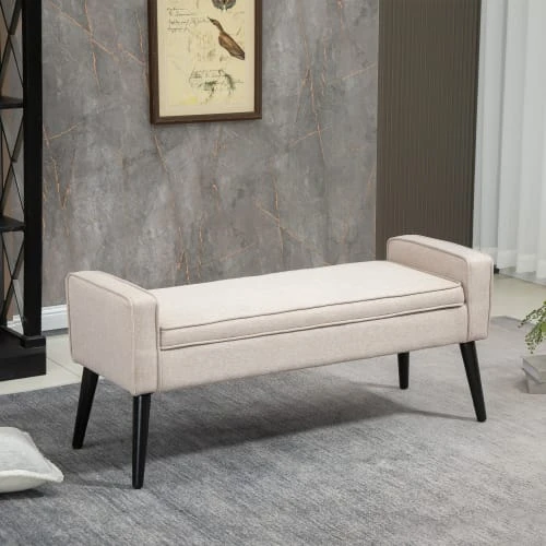 Homcom Banquettes Banquette Coffre Rangement 2 En 1 Contemporain Bois Noir Tissu Beige – Image 2
