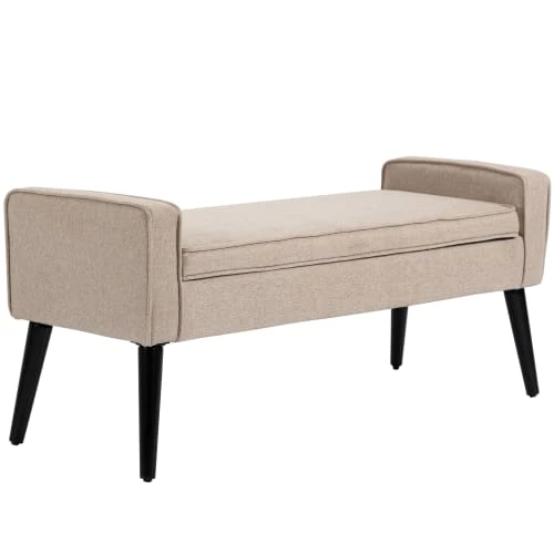 Homcom Banquettes Banquette Coffre Rangement 2 En 1 Contemporain Bois Noir Tissu Beige – Image 4