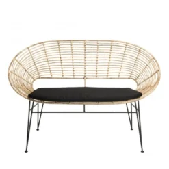 MACABANE Canapés Droits Canapé 2 Places En Rotin Naturel Coussin Noir Pieds En Métal