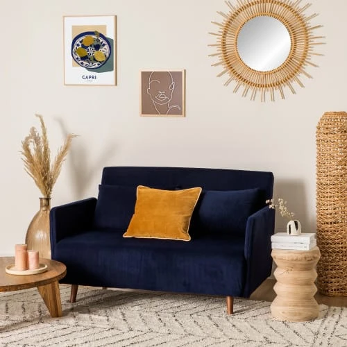 Drawer Canapés Petits Prix Canapé Convertible 2 Places En Velours Côtelé Bleu Marine – Image 2