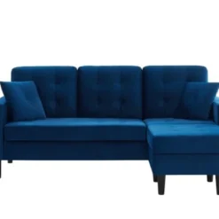 Baita Canapés D'angle Canapé D'angle En Velours Bleu Et Pieds Bois 4 Places Et 2 Coussins