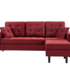 Baita Canapés D'angle Canapé D'angle En Velours Grenat Pieds Bois 4 Places Et 2 Coussins