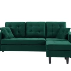 Baita Canapés D'angle Canapé D'angle En Velours Vert Et Pieds Bois 4 Places Et 2 Coussins