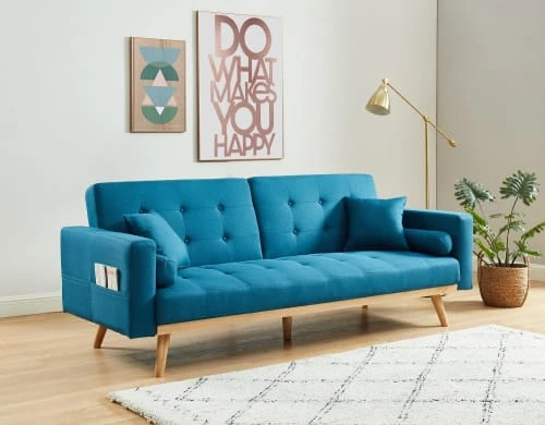 Baita Canapés Petits Prix Canapé Droit Convertible En Tissu 3 Places Bleu – Image 2