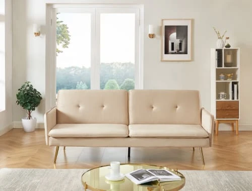 Baita Canapés Droits Canapé Droit Convertible En Velours 3 Places Beige – Image 2