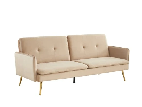 Baita Canapés Droits Canapé Droit Convertible En Velours 3 Places Beige – Image 3