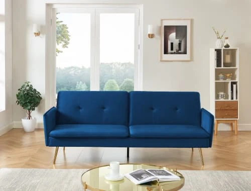 Baita Canapés Droits Canapé Droit Convertible En Velours 3 Places Bleu Marine – Image 2