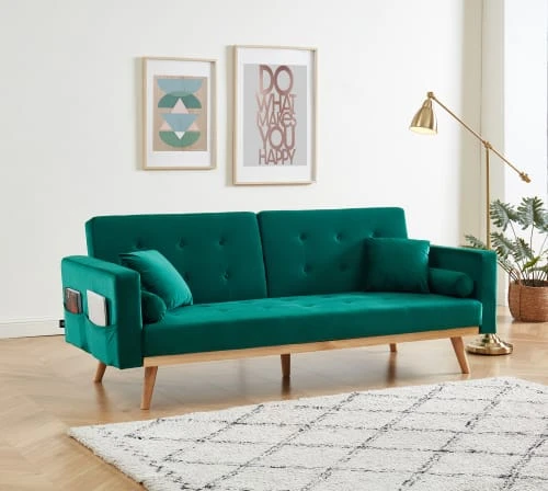 Baita Canapés Droits Canapé Droit Convertible En Velours 3 Places Vert – Image 2